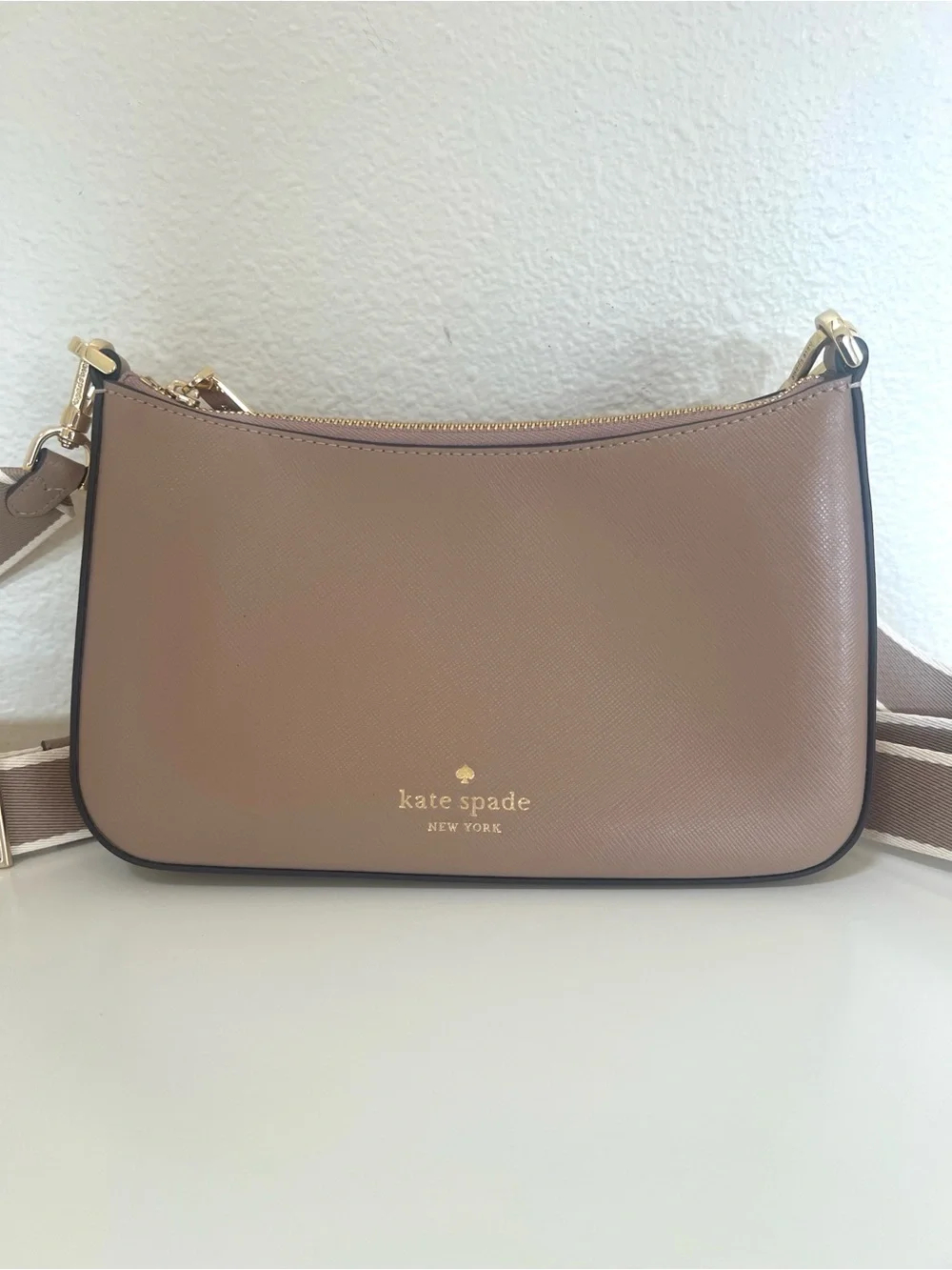 Kate Spade Taupe Pebbled Leather Crossbody with Striped Strap